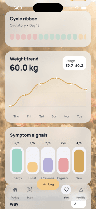 Gal You screen showing cycle ribbon, weight trend, and symptom signals