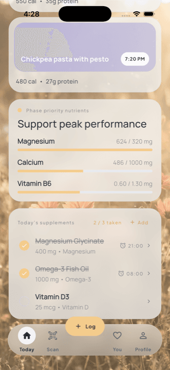 Gal Today screen showing phase priority nutrients and supplement tracking