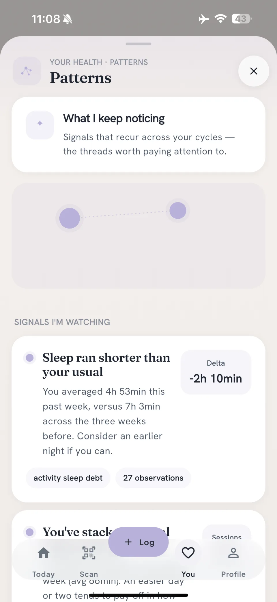 Gal Patterns screen explaining recurring signals across cycle, sleep, and activity logs
